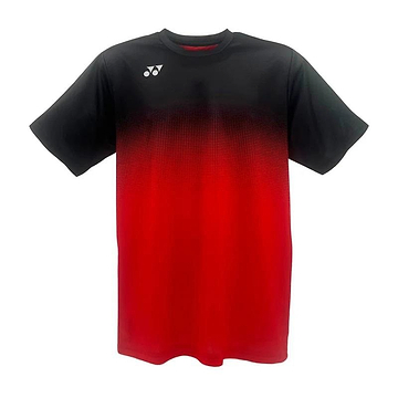 The Yonex YTM5 Men's Badminton T-Shirt features a red to black gradient design and is made of moisture-wicking polyester for comfort. A small white Yonex logo on the upper left chest adds style to this performance-focused shirt.