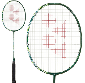 The Yonex Astrox 100 Tour VA Viktor Axelsen 4U Badminton Racket in Olive Green is shown with a black grip and red Yonex logo, featuring both a full view and a close-up of the Viktor Axelsen Signature racket head.