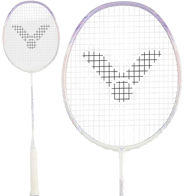 The Victor Thruster K 66 AJ 7U Badminton Racket in White/Purple by Victor is displayed from two angles: a full view and a head close-up, featuring black logo strings and a grip wrapped in white tape.