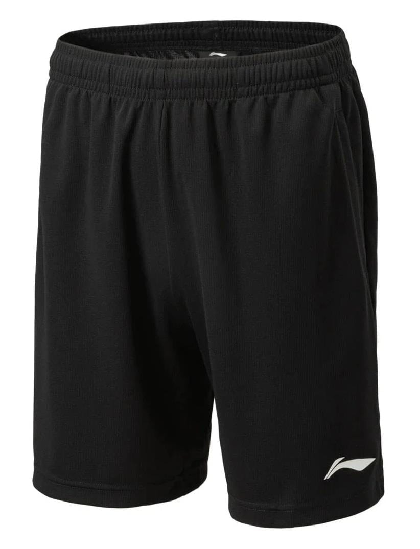 The Li-Ning QA Men's Badminton Shorts in black have an elastic waistband and a white logo on the lower left. Featuring a simple design, they are crafted from lightweight, moisture-wicking fabric for quick-drying comfort during intense matches.