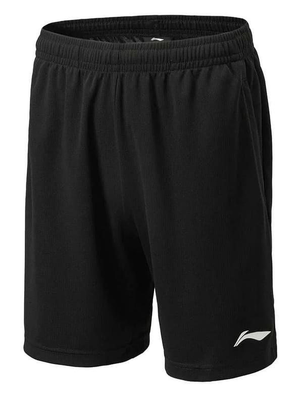 The Li-Ning QA Men's Badminton Shorts in black have an elastic waistband and a white logo on the lower left. Featuring a simple design, they are crafted from lightweight, moisture-wicking fabric for quick-drying comfort during intense matches.