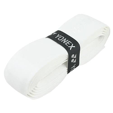 A white Yonex AC420 Hi Soft Badminton Overgrip, wrapped in a black band displaying the "Yonex" brand name, provides a super soft feeling similar to that of the Yonex AC420 badminton overgrip.