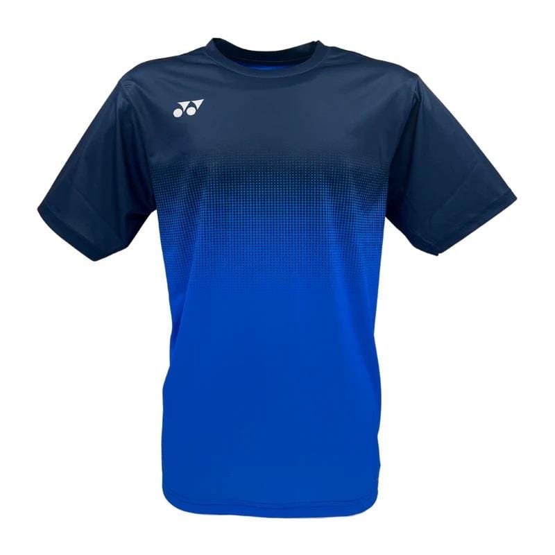 Try the Yonex YTM5 Men's Badminton T-Shirt, a royal/navy blue athletic shirt with short sleeves and a lightweight, moisture-wicking polyester design. It features a gradient from deep to light blue and a small white logo on the right chest.