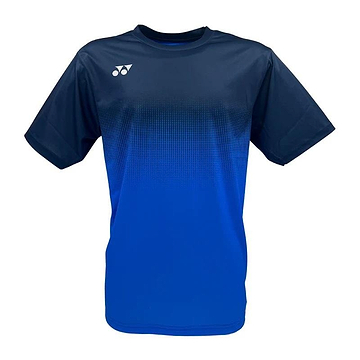 Try the Yonex YTM5 Men's Badminton T-Shirt, a royal/navy blue athletic shirt with short sleeves and a lightweight, moisture-wicking polyester design. It features a gradient from deep to light blue and a small white logo on the right chest.