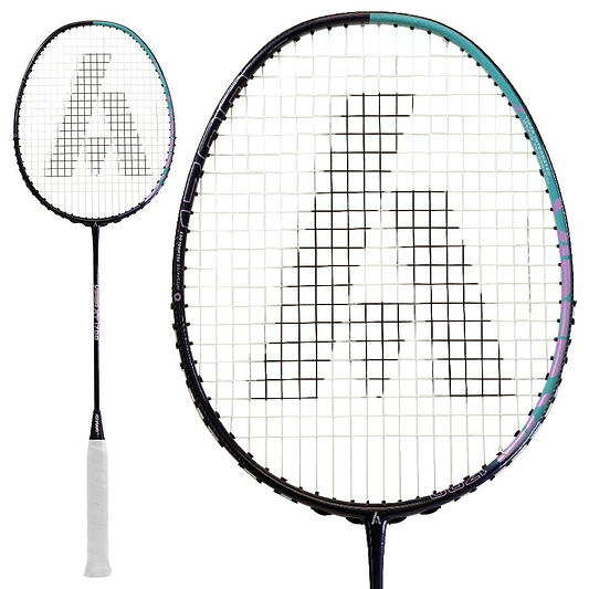 A blue and purple badminton racket, the Ashaway Viper XT 1700, is showcased against a white background. It features white strings with a logo pattern and boasts Viper Weave technology. The handle is wrapped in white grip tape and includes a close-up view of the X-Treme Tension Frame.