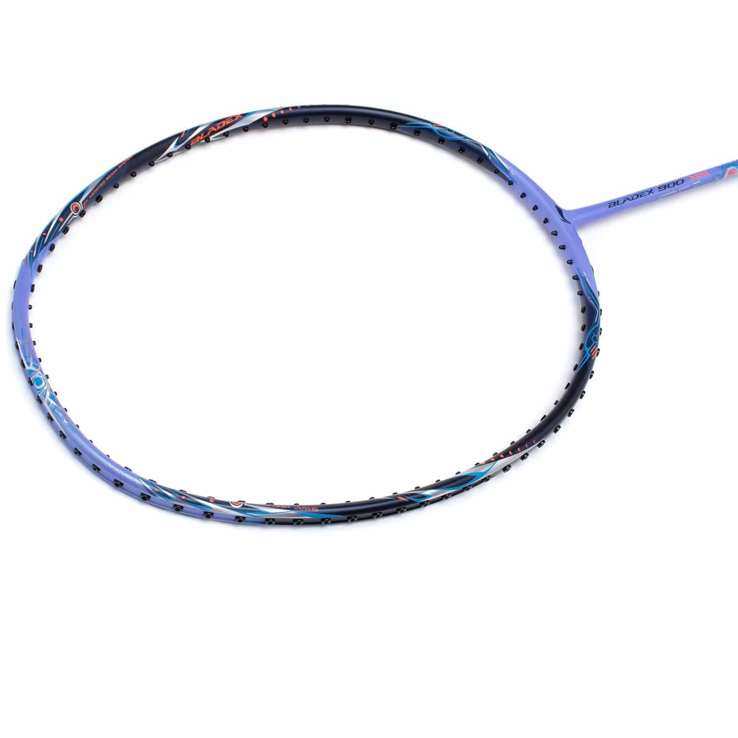 A close-up image of the Li-Ning BladeX 900 Moon Max 3U badminton racket's frame, showcasing its sleek blue design accented with black and red. Enhanced by the HDF Shock Absorbing System, it is displayed against a plain white background to emphasize its detailed and vibrant color pattern.