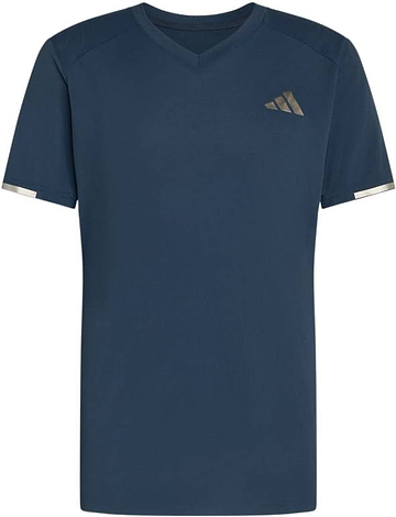 The ADIDAS Climacool+ Freelift Pro Mens Badminton T-Shirt - Aurora Ink features short sleeves, a V-neck, metallic logo, silver sleeve accents, and advanced cooling for tournament-ready performance.