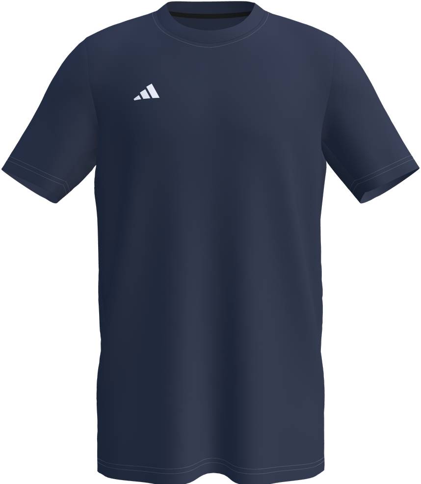 The ADIDAS Court Mens Badminton T-Shirt - Navy by adidas features short sleeves and a small white geometric logo on the left chest, shown on a white background.
