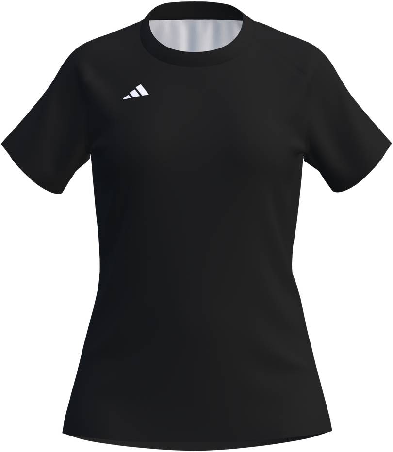 The ADIDAS Court Womens Badminton T-Shirt - Black by adidas is a black short-sleeve athletic shirt with a small white three-striped logo on the left chest, shown on a plain white background.