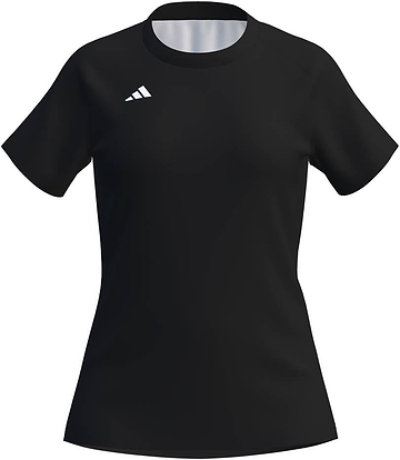 The ADIDAS Court Womens Badminton T-Shirt - Black by adidas is a black short-sleeve athletic shirt with a small white three-striped logo on the left chest, shown on a plain white background.