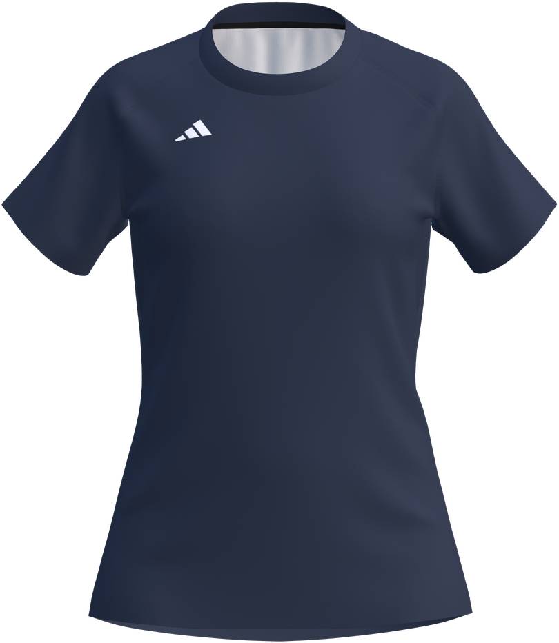 The ADIDAS Court Womens Badminton T-Shirt - Navy is a short-sleeved, navy tee with a small white adidas logo on the upper right chest, shown on a white background.