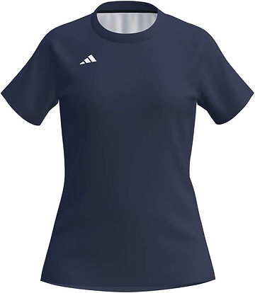 The ADIDAS Court Womens Badminton T-Shirt - Navy is a short-sleeved, navy tee with a small white adidas logo on the upper right chest, shown on a white background.