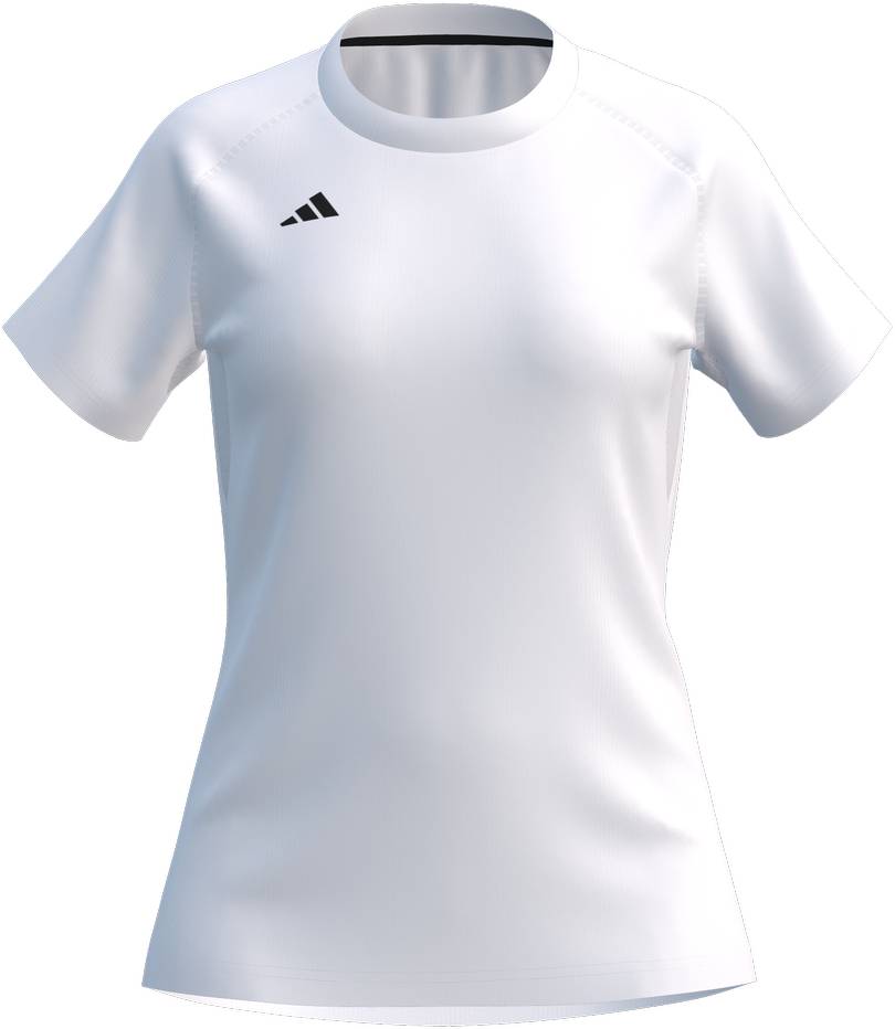 The ADIDAS Court Womens Badminton T-Shirt - White by adidas features short sleeves and a small black logo on the upper left chest, ideal for womens sportswear.