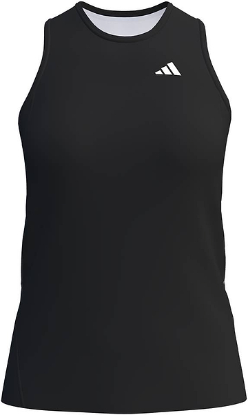 The ADIDAS Court Womens Badminton Tank Top - Black by adidas is a sleeveless sports tank with a crew neck, fitted design, and a small white adidas logo on the upper left chest.