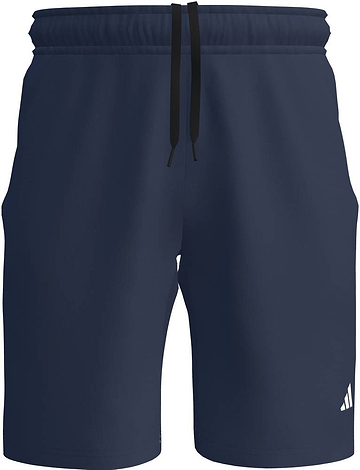 ADIDAS Court Woven Mens Badminton Shorts - Navy feature an elastic waistband, black drawstring, and a small white logo on the lower left leg. Brand: adidas.