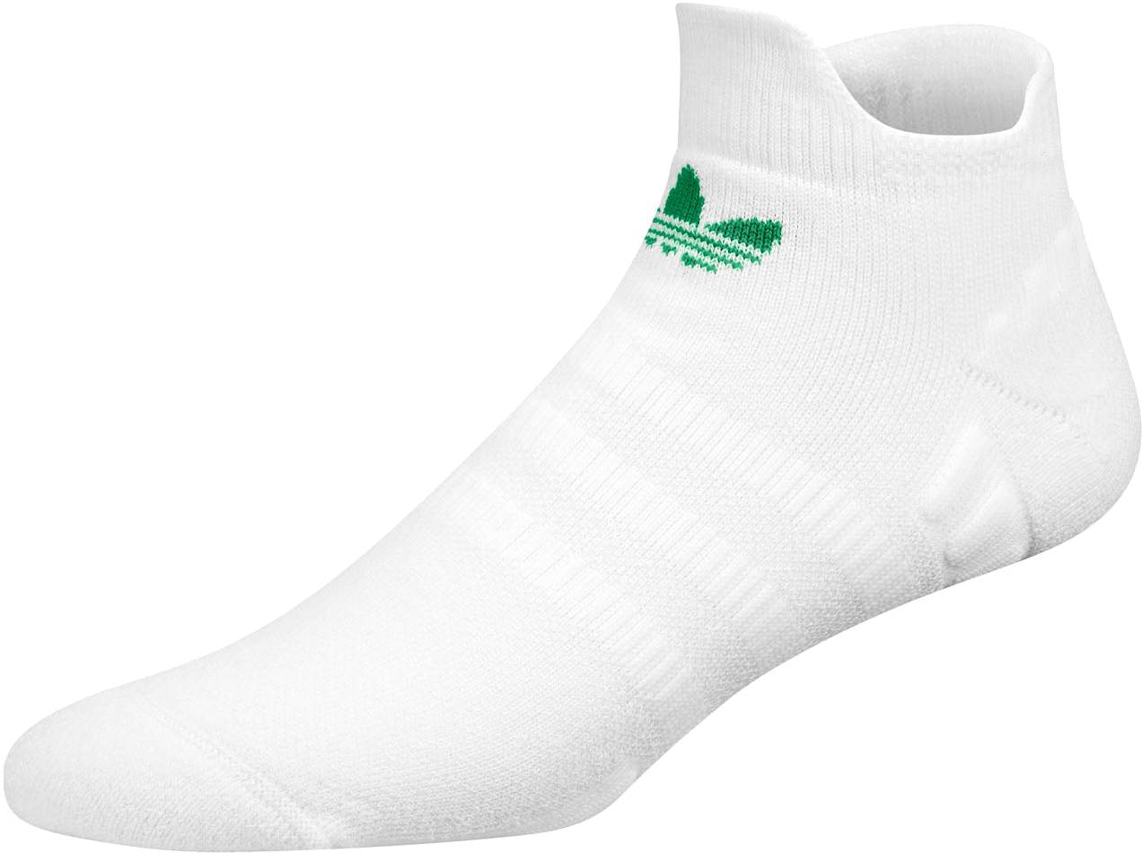 Add style and comfort to your collection with ADIDAS Originals Low Badminton Socks - White - 1 Pair from adidas, featuring a green trefoil logo on white low cut socks.