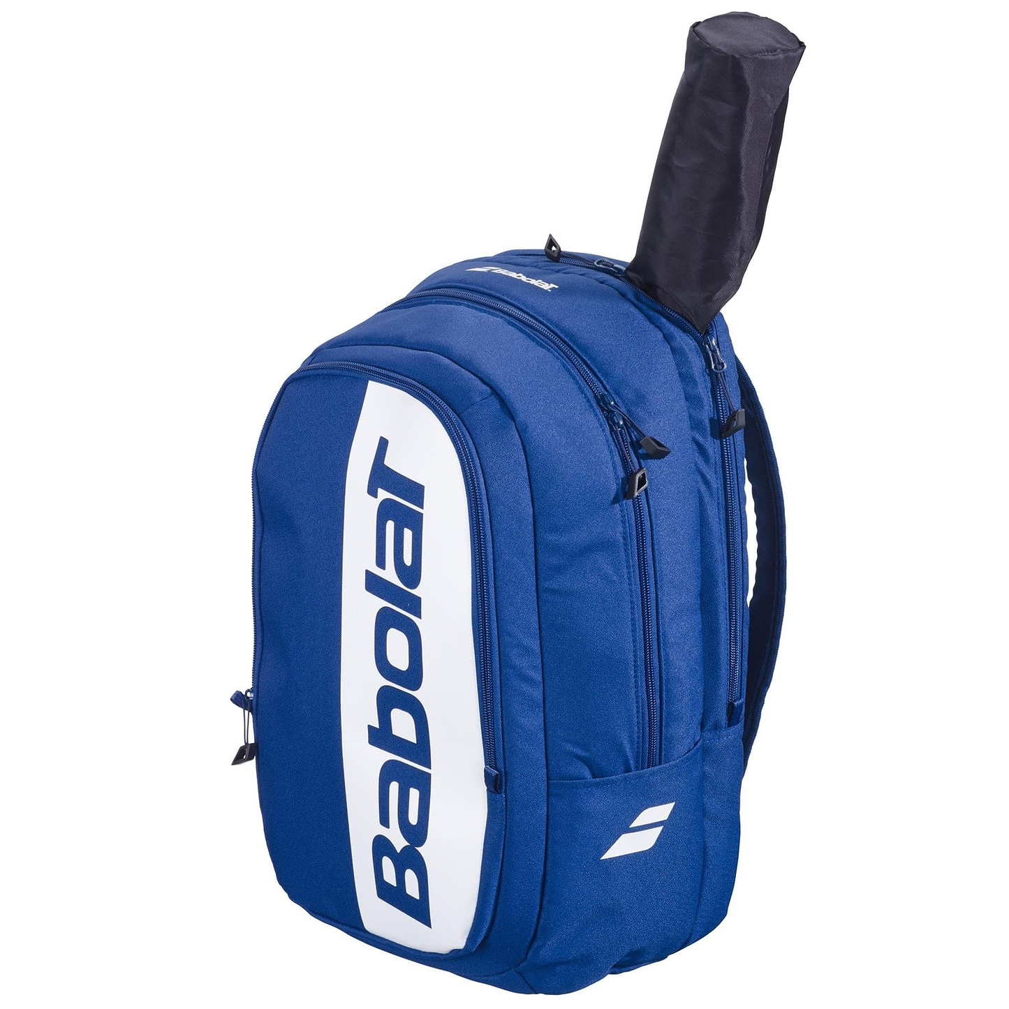 The Babolat Court Hero Badminton Backpack in dark blue features white accents, multiple zippered compartments, a dedicated racket sleeve at the back, and is made from recycled PET.