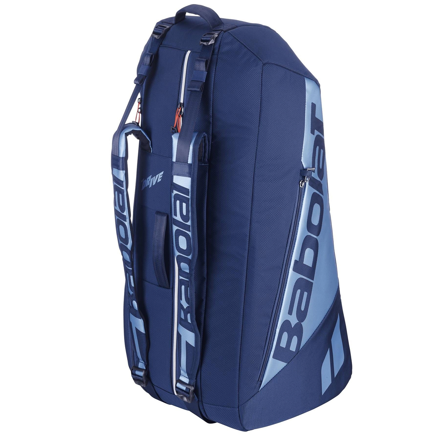 The Babolat RH6 Pure Drive Gen11 Badminton Bag in Navy Blue is made of recycled polyester, featuring multiple compartments, shoulder straps, and light blue branding. It's designed to securely carry up to six rackets.