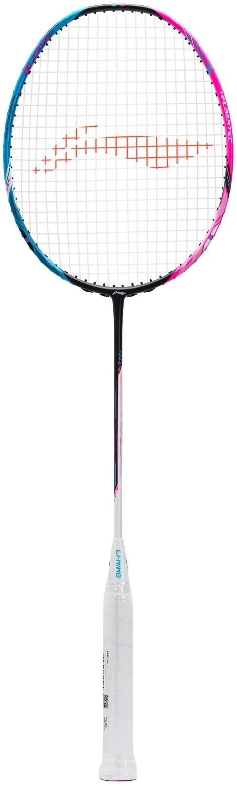 The Li-Ning Halbertec 8000 4U Badminton Racket features military-grade carbon fibre, a white handle, black shaft, and a circular head framed by Capri Breeze blue and Neon Iridescent Pink with crisp white stringing.