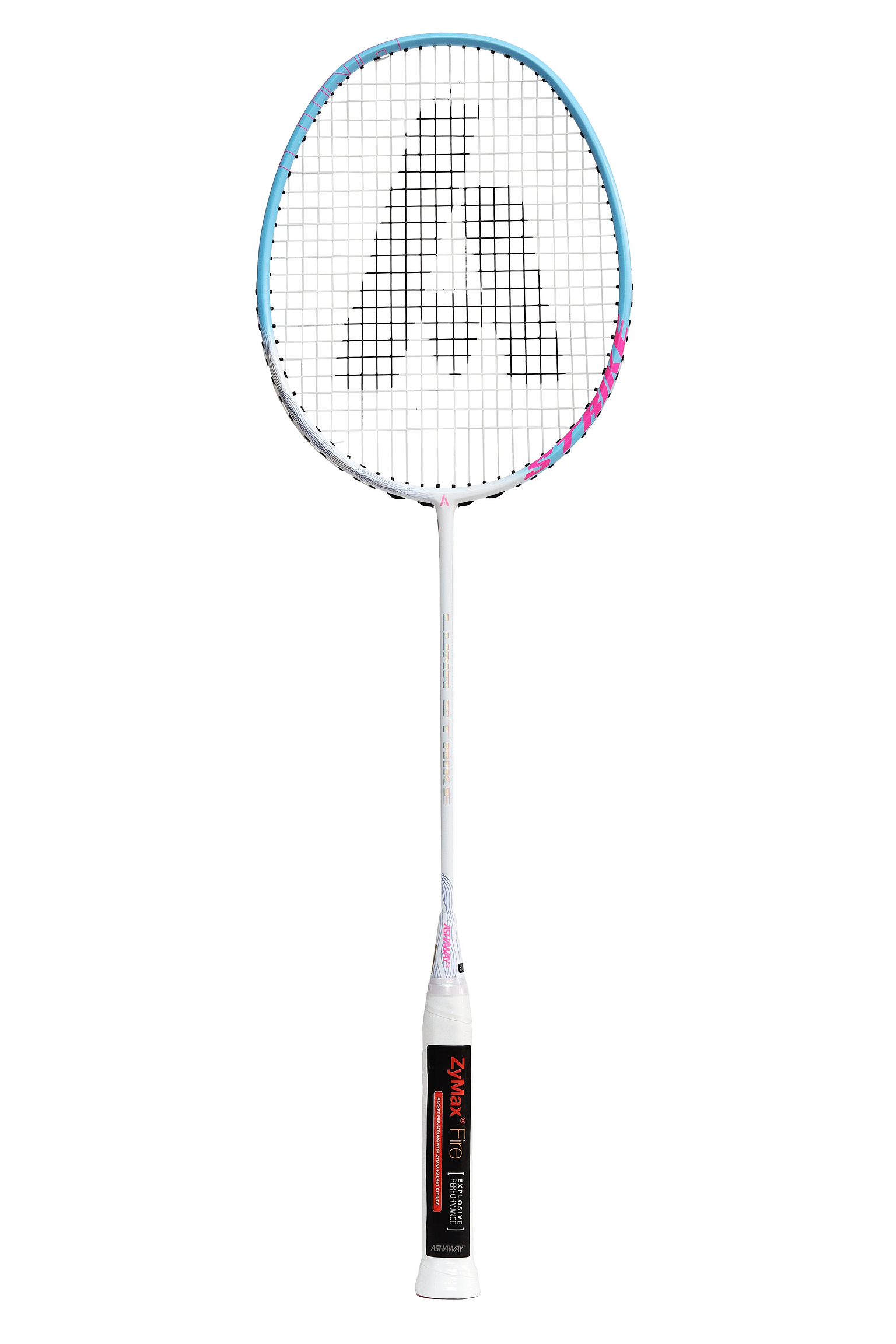 The Ashaway Luna Strike 5U Badminton Racket by Ashaway features a sleek white, blue, and pink frame, with black strings forming a prominent letter “A.” Its handle boasts a comfortable white grip accented with black and red details. Made from premium Japanese carbon graphite, this ultra-lightweight racket provides a medium flex shaft for superior control and rapid gameplay.