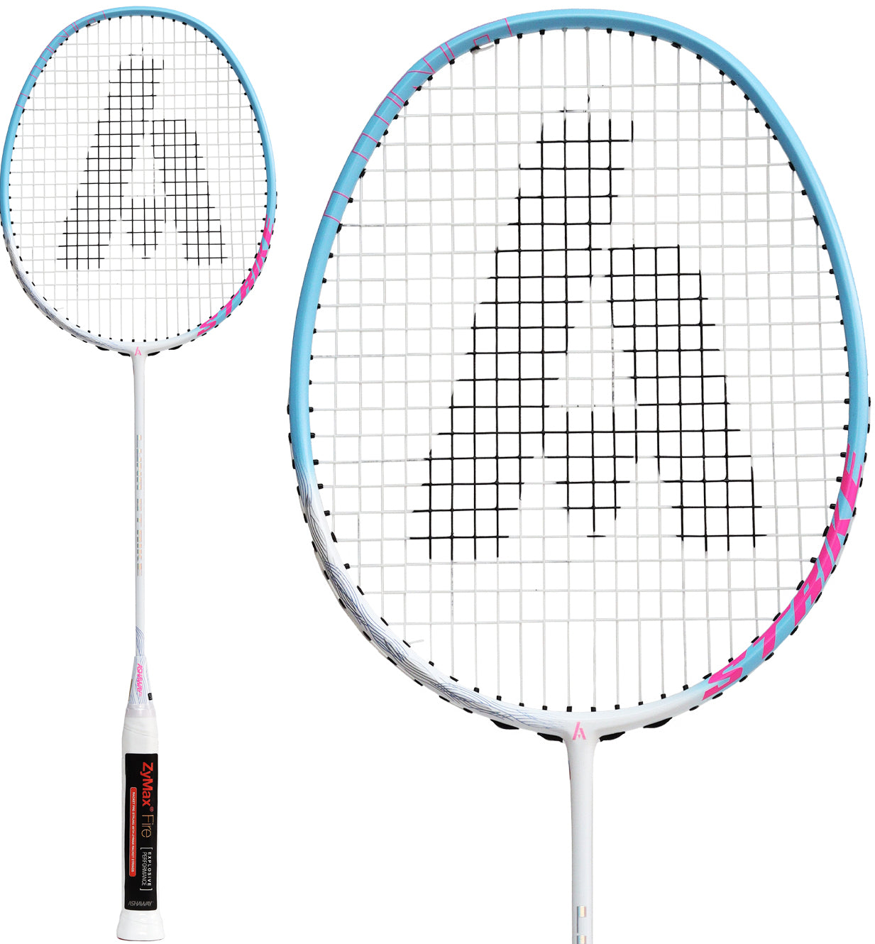 The Ashaway Luna Strike 5U Badminton Racket in White, Blue, and Pink features a blue and white frame with pink accents and a prominent black “A” design on the strings. Made by Ashaway from Japanese carbon graphite, this ultra-lightweight racket has a medium flex shaft for enhanced control. The handle is white with a black grip label.