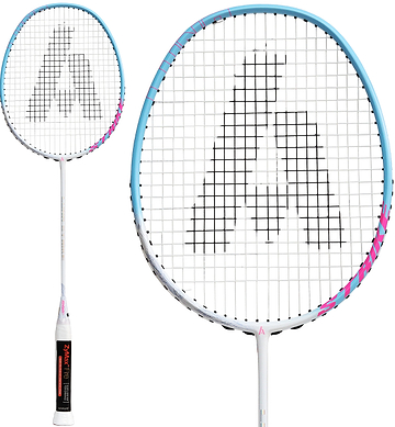 The Ashaway Luna Strike 5U Badminton Racket in White, Blue, and Pink features a blue and white frame with pink accents and a prominent black “A” design on the strings. Made by Ashaway from Japanese carbon graphite, this ultra-lightweight racket has a medium flex shaft for enhanced control. The handle is white with a black grip label.