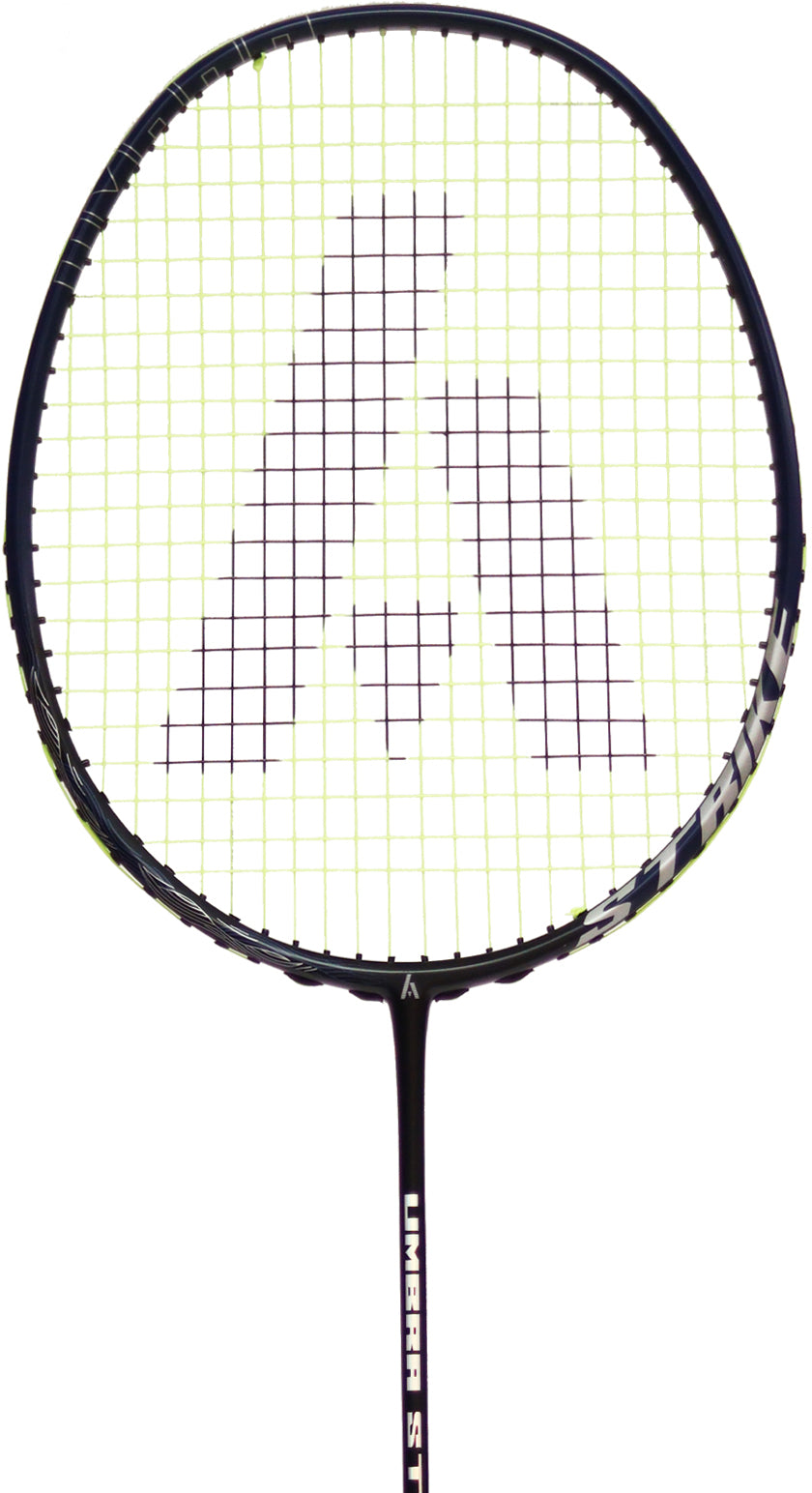 A control-focused Ashaway Umbra Strike 4U Badminton Racket in black and green, featuring yellow strings and a white logo on the net, is shown against a white background—perfect for doubles players seeking precision on the court.