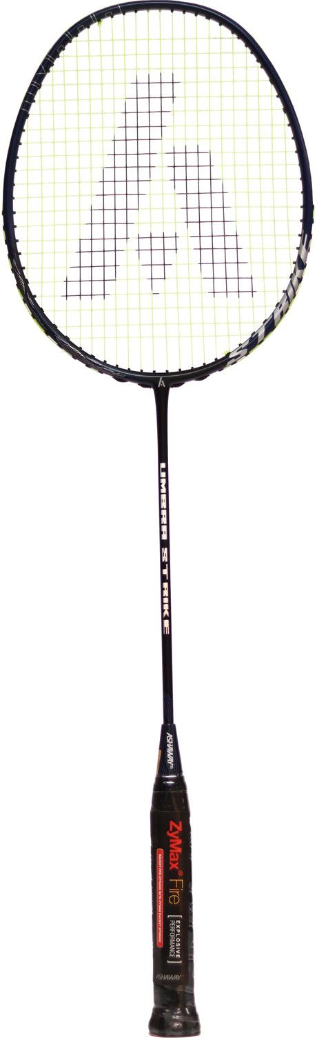 The Ashaway Umbra Strike 4U Badminton Racket in black and green features neon green strings with the Ashaway logo prominently displayed. Shown upright with the handle at the bottom and racket head at the top, this control-focused racket is ideal for doubles players seeking precision and maneuverability.