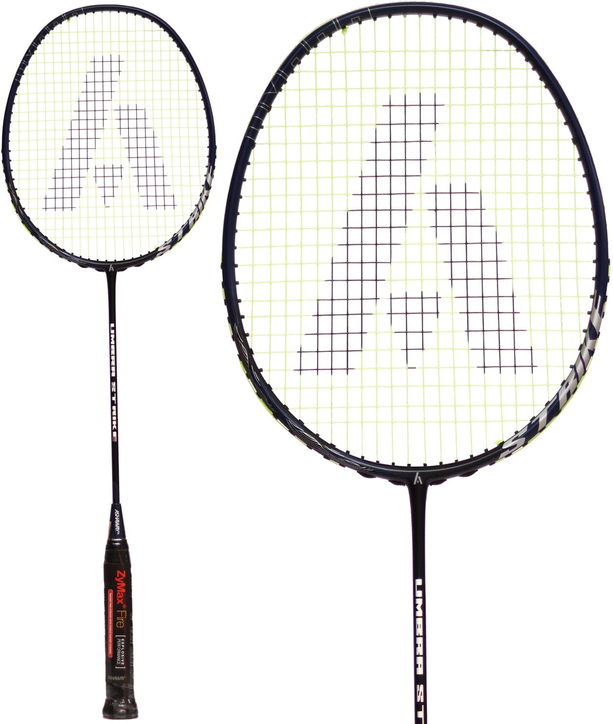 The Ashaway Umbra Strike 4U Badminton Racket in Black/Green, equipped with a white string bed and a prominent stylized “A” pattern on the head (shown in full and close-up view), is designed for doubles players who prioritize control and precise performance on the court.