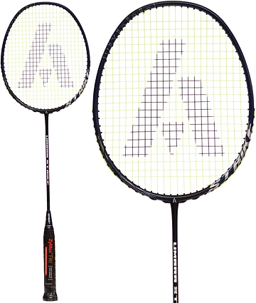 The Ashaway Umbra Strike 4U Badminton Racket in Black/Green, equipped with a white string bed and a prominent stylized “A” pattern on the head (shown in full and close-up view), is designed for doubles players who prioritize control and precise performance on the court.