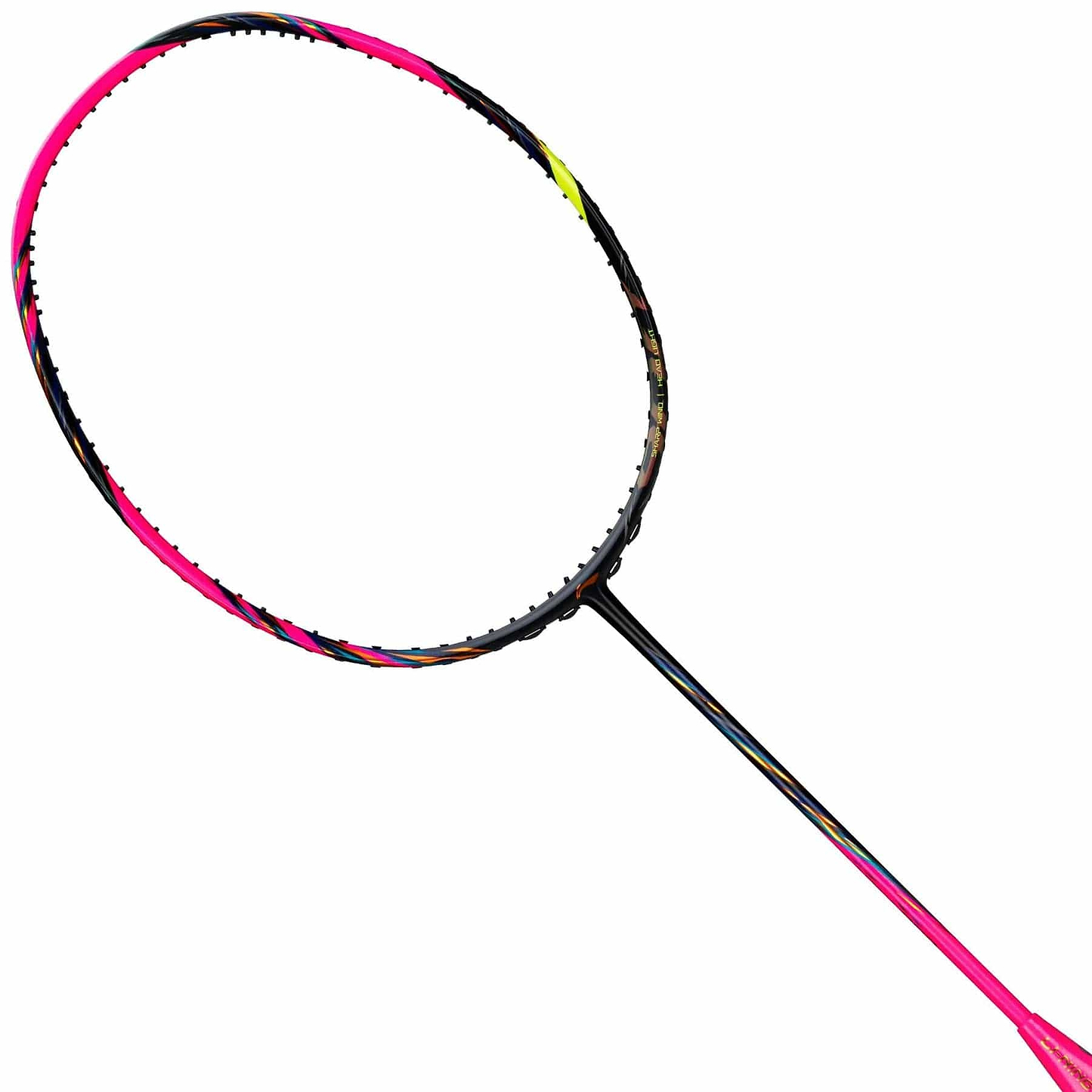 The Li-Ning BladeX 900 4U Badminton Racket - Fluorescent Pink features a vibrant pink design with yellow, blue, and black accents, plus an advanced Shock Absorption System for enhanced comfort, highlighted on a white background.