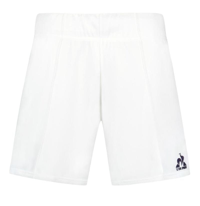 The Le Coq Sportif Pro Men's Badminton Shorts in Optical White showcase a subtle navy rooster logo on the lower left side. Designed with breathable material for optimal dryness, these shorts feature an elastic waistband and are presented against a plain white background.