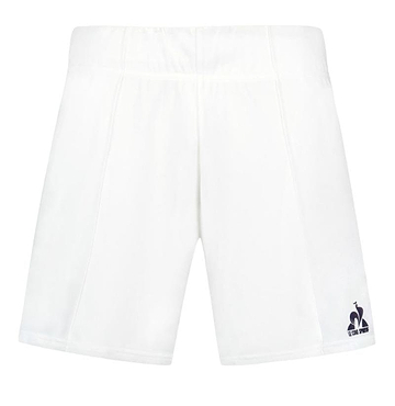 The Le Coq Sportif Pro Men's Badminton Shorts in Optical White showcase a subtle navy rooster logo on the lower left side. Designed with breathable material for optimal dryness, these shorts feature an elastic waistband and are presented against a plain white background.