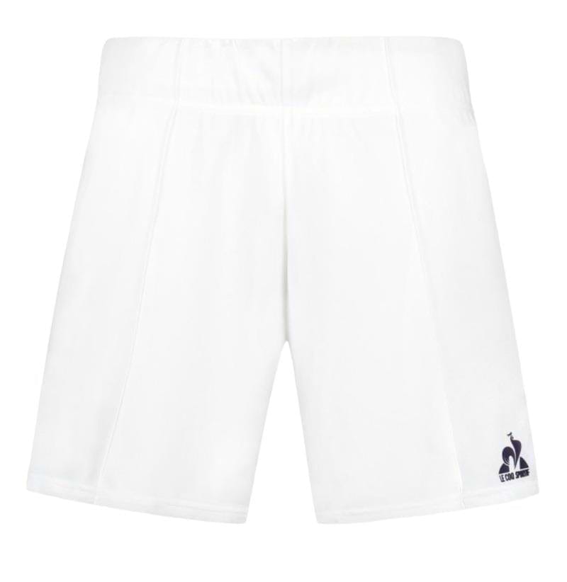 The Le Coq Sportif Pro Men's Badminton Shorts in Optical White showcase a subtle navy rooster logo on the lower left side. Designed with breathable material for optimal dryness, these shorts feature an elastic waistband and are presented against a plain white background.