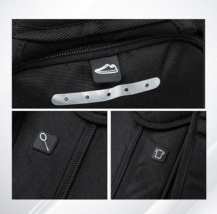 Close-up of the Li-Ning Corner 6 Racket Badminton Bag - Black, perfect for badminton players. It features three icons: a ventilated shoe icon, a magnifying glass on a zipper pocket, and a shirt on another compartment, indicating special storage areas.