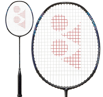 The Yonex Nanoflare 002 Clear 4U Badminton Racket in black/blue features a white string bed and red geometric logo, showcased in full view and close-up to highlight its design—perfect for beginner players.