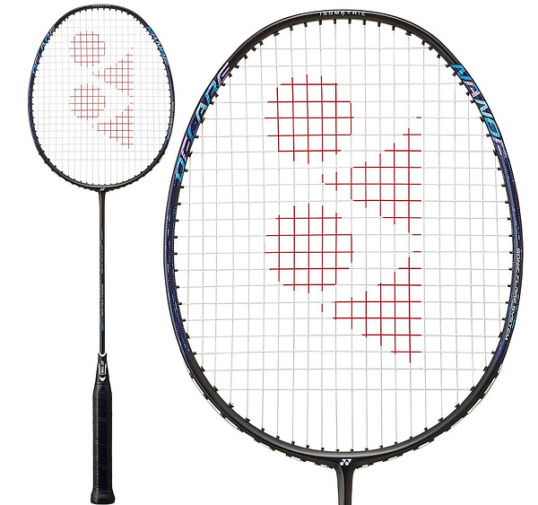 The Yonex Nanoflare 002 Clear 4U Badminton Racket in black/blue features a white string bed and red geometric logo, showcased in full view and close-up to highlight its design—perfect for beginner players.