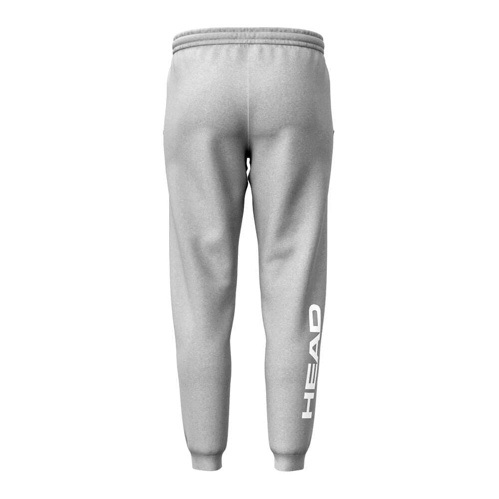The HEAD Club Original Mens Badminton Pants - Grey by HEAD feature a soft French terry fabric, elastic waistband, cuffed ankles, and bold white "HEAD" lettering down the right leg. View shown from the back.