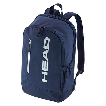 The HEAD BASE Badminton Backpack 17L - Navy features a front zipper pocket, two side pockets, a top handle, padded shoulder straps, updated design, and a vertical white HEAD logo on the front.