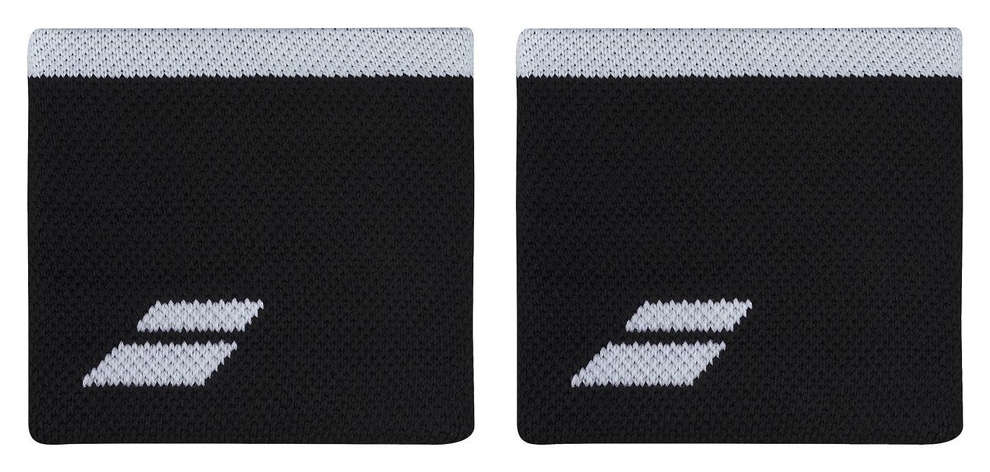 The Babolat Logo Wristband - Black / White offers a sophisticated black design complemented by a white horizontal stripe at the top. The signature Babolat logo, featuring two diagonal horizontal bars, is prominently displayed near the bottom, providing both style and comfort for your active lifestyle.