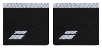 The Babolat Logo Wristband - Black / White offers a sophisticated black design complemented by a white horizontal stripe at the top. The signature Babolat logo, featuring two diagonal horizontal bars, is prominently displayed near the bottom, providing both style and comfort for your active lifestyle.
