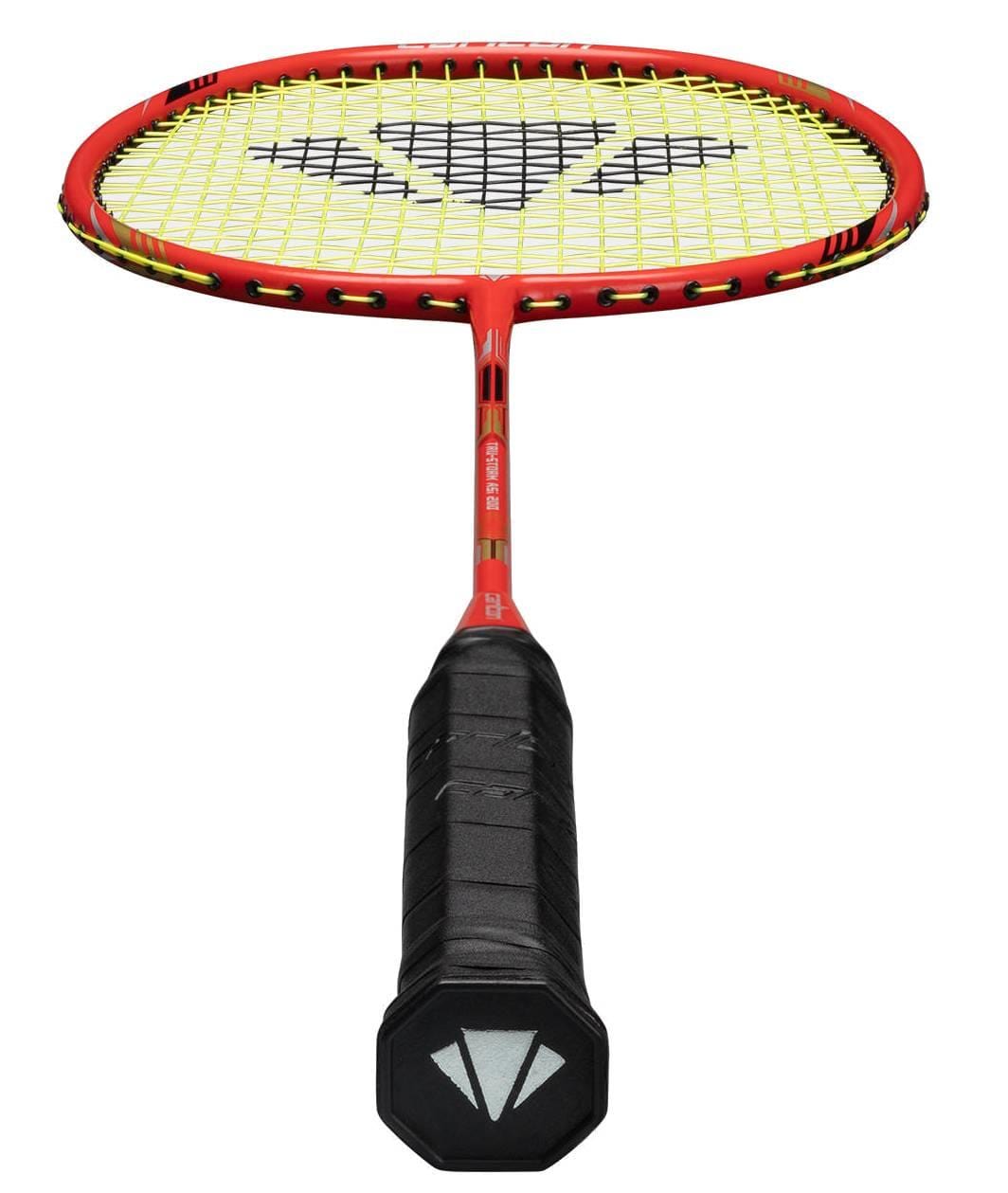 The Carlton Tru-Storm ASi 200 Badminton Racket by Carlton features a red frame, yellow strings with a black geometric logo, and a black grip, shown from the handle end facing forward.