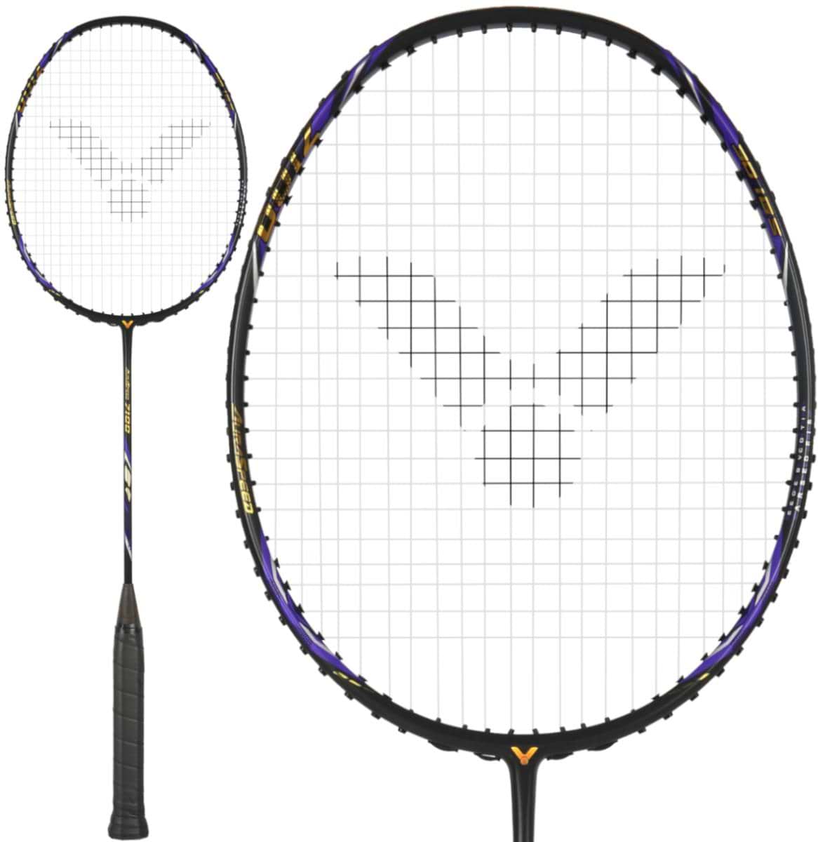 The Victor Auraspeed 7100 4U Badminton Racket by Victor features a black design with purple accents, a V-shaped pattern on the white stringing, and a comfortable black grip tape-wrapped handle.