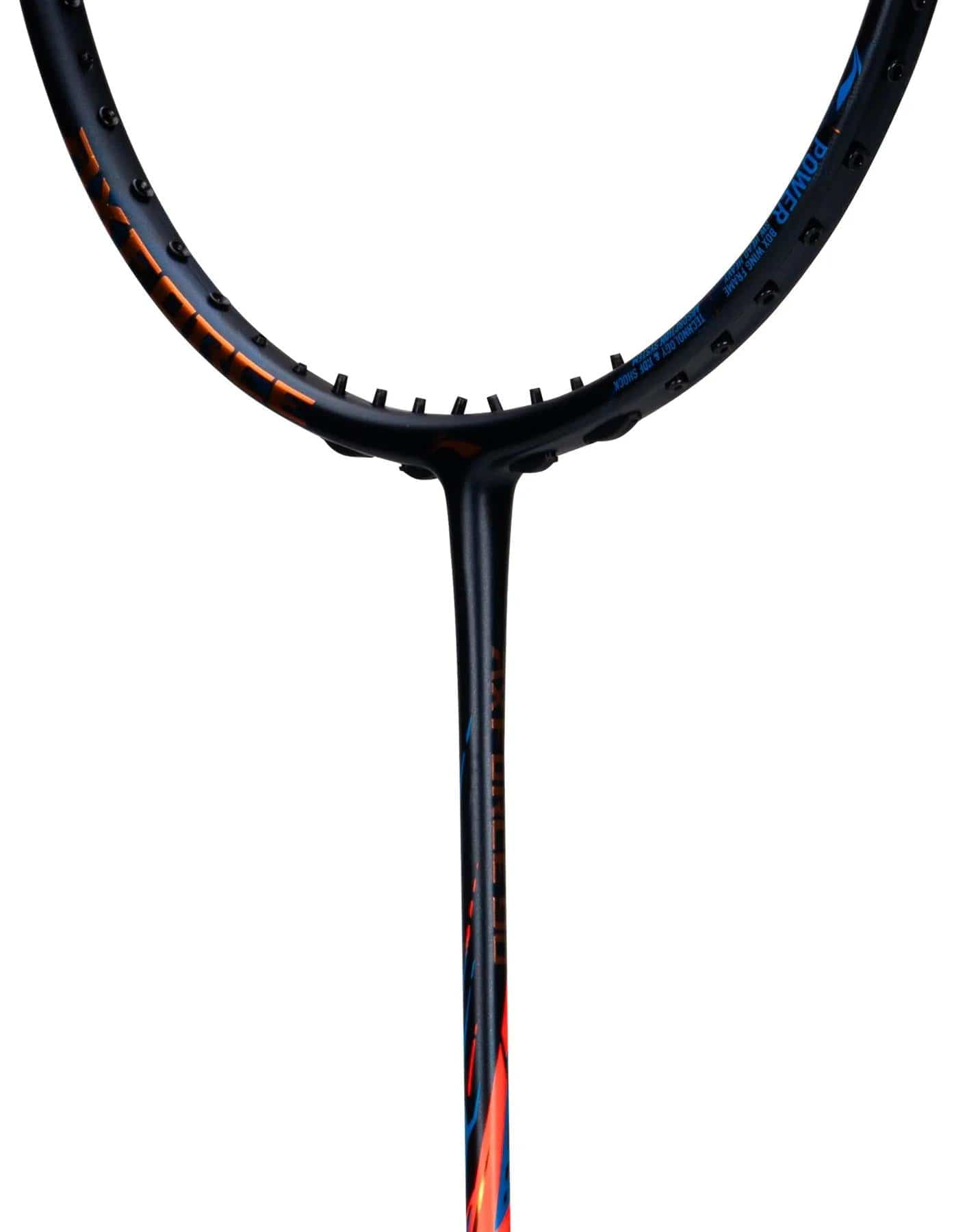 Close-up of the top half of the Li-Ning Axforce 90 4U Badminton Racket in black, showcasing its head-heavy balance, carbon fibre frame, and partial shaft against a white background.
