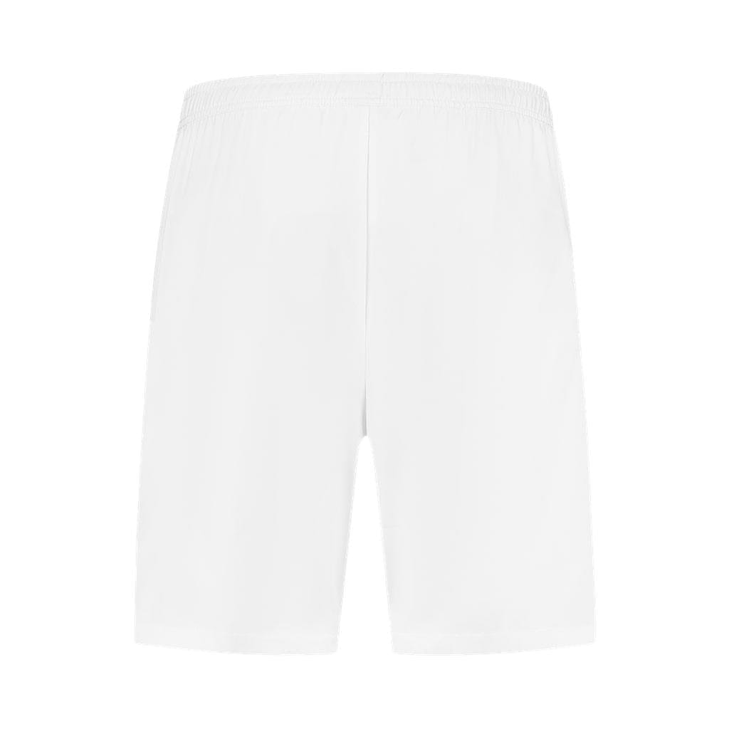 K-Swiss Hypercourt Men's 7 Inch Badminton Shorts in white are showcased against a plain background. These shorts feature an elastic waistband, simple design, and deep side pockets, making them perfect for sports or casual wear. They offer comfort and flexibility with their 4-way density stretch fabric.