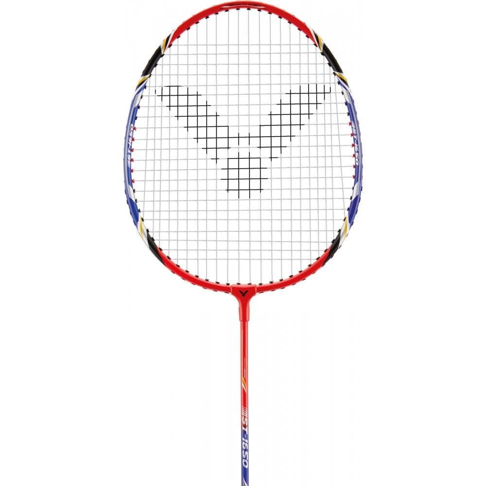 The Victor ST-1650 Badminton Racket by Victor boasts a vibrant red frame with blue and white accents, making it perfect for beginners. Its strings display an intricate symbol at the center, complemented by colorful graphics along the shaft, all elegantly contrasted against a pristine white background.