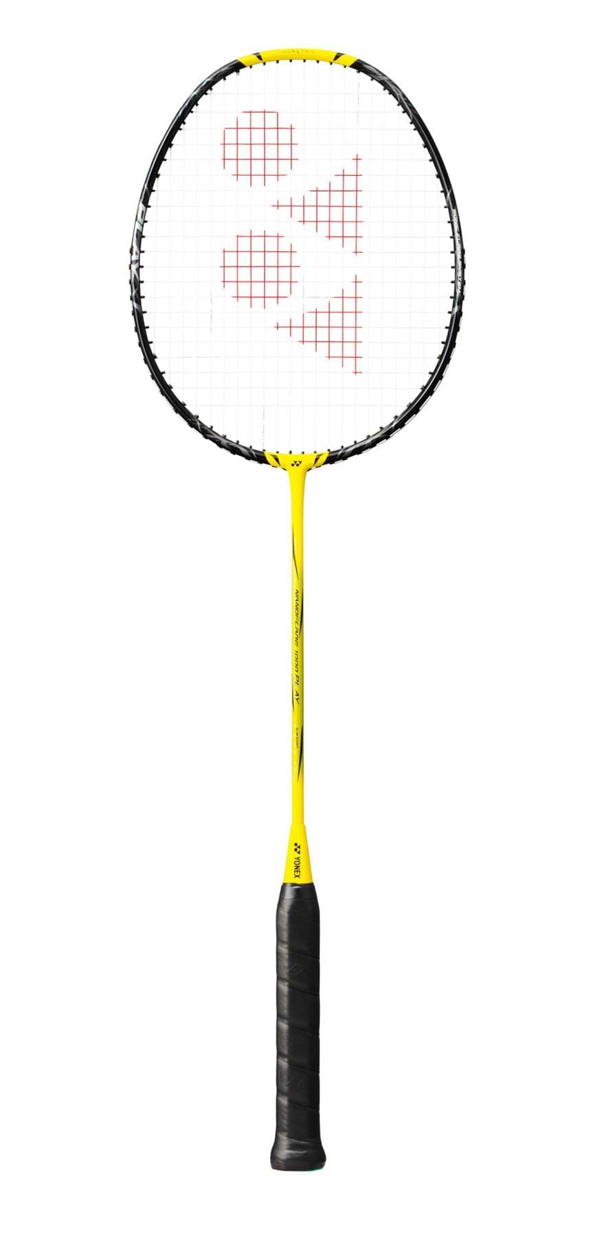 The Yonex Nanoflare 1000 Play 4U Badminton Racket features an Aero Frame, showcasing a Lightning Yellow finish, complemented by a black grip and white strings. Its red central design enhances the thin and lightweight frame, ideal for fast swings and agile play.