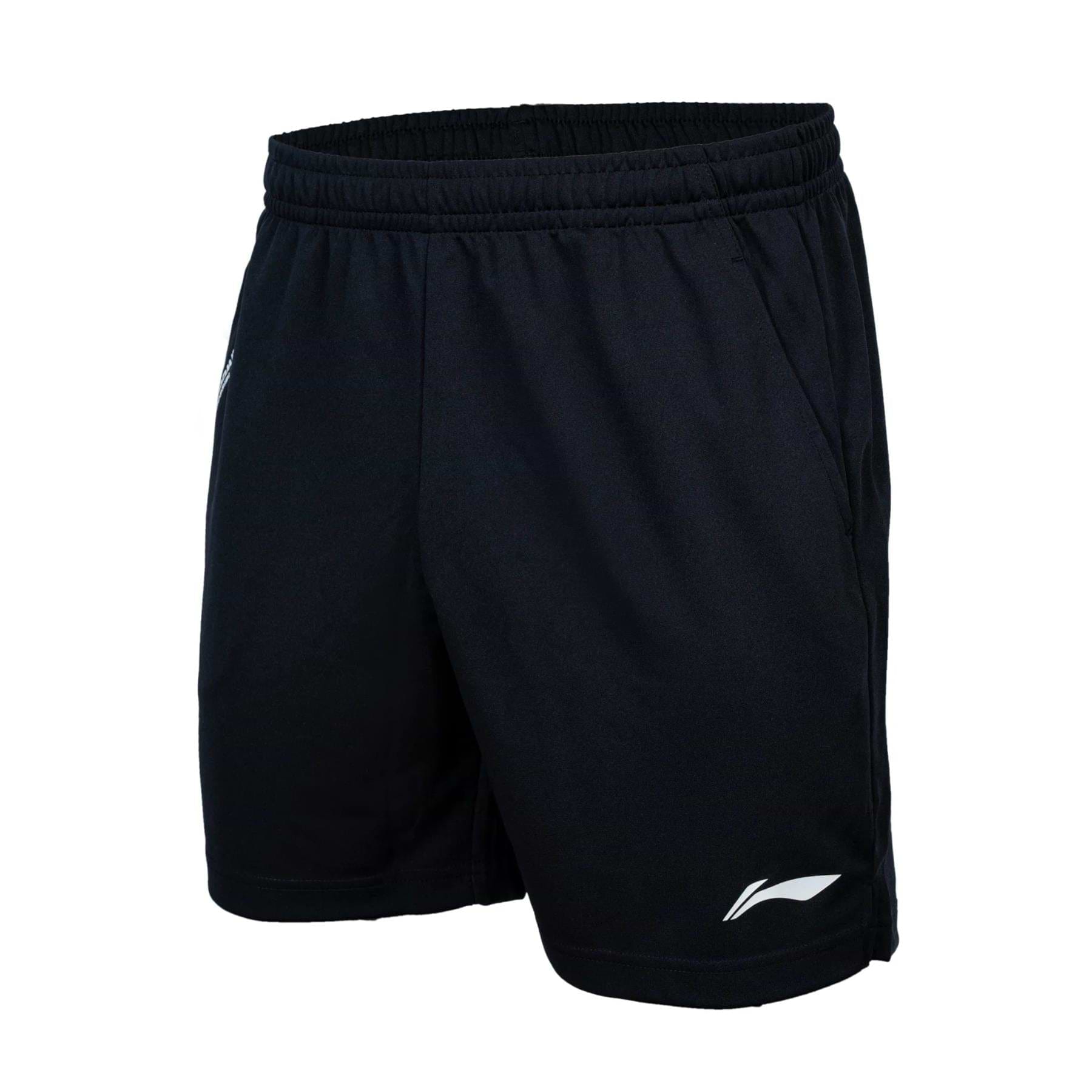 Li-Ning Simple Men's Badminton Shorts in black feature an elastic waistband, a small white logo near the hem, pockets on each side, and lightweight AT DRY Technology—ideal for sportswear and activities.