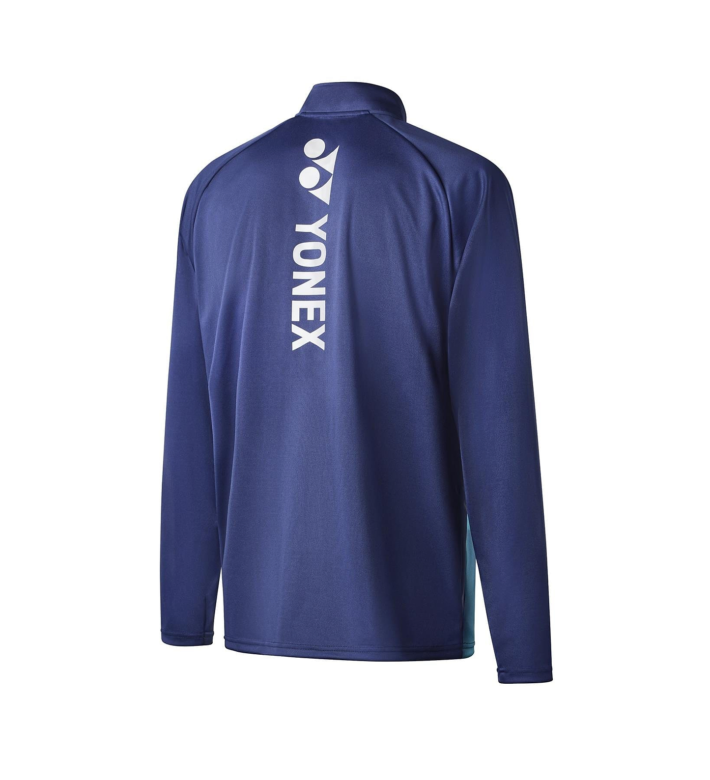 Back view of the Yonex YML123 Unisex Badminton Zip Midlayer, featuring anti-snag fabric. This navy blue midlayer boasts long sleeves, with Yonex's iconic logo and name printed vertically in white on the back.