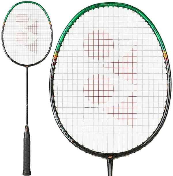 The Yonex Astrox 99 Pro Badminton Racket - Black / Green features a slim shaft, oval head, white string bed with a red Yonex logo, and uses the Rotational Generator System for enhanced control.
